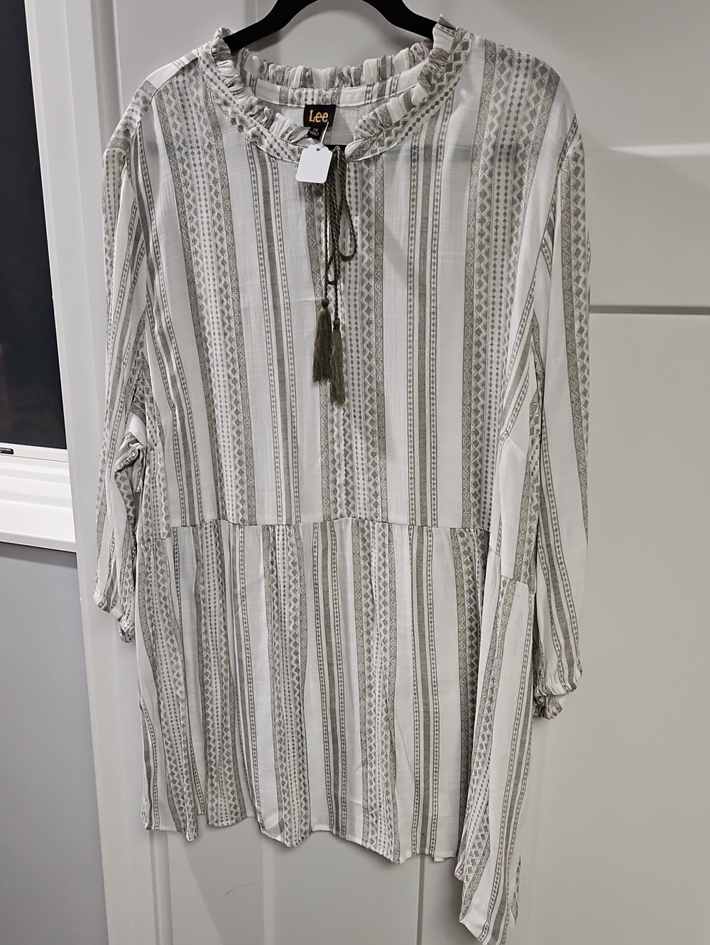 Lee Women's White and Olive Striped Long Sleeve Peasant Dress